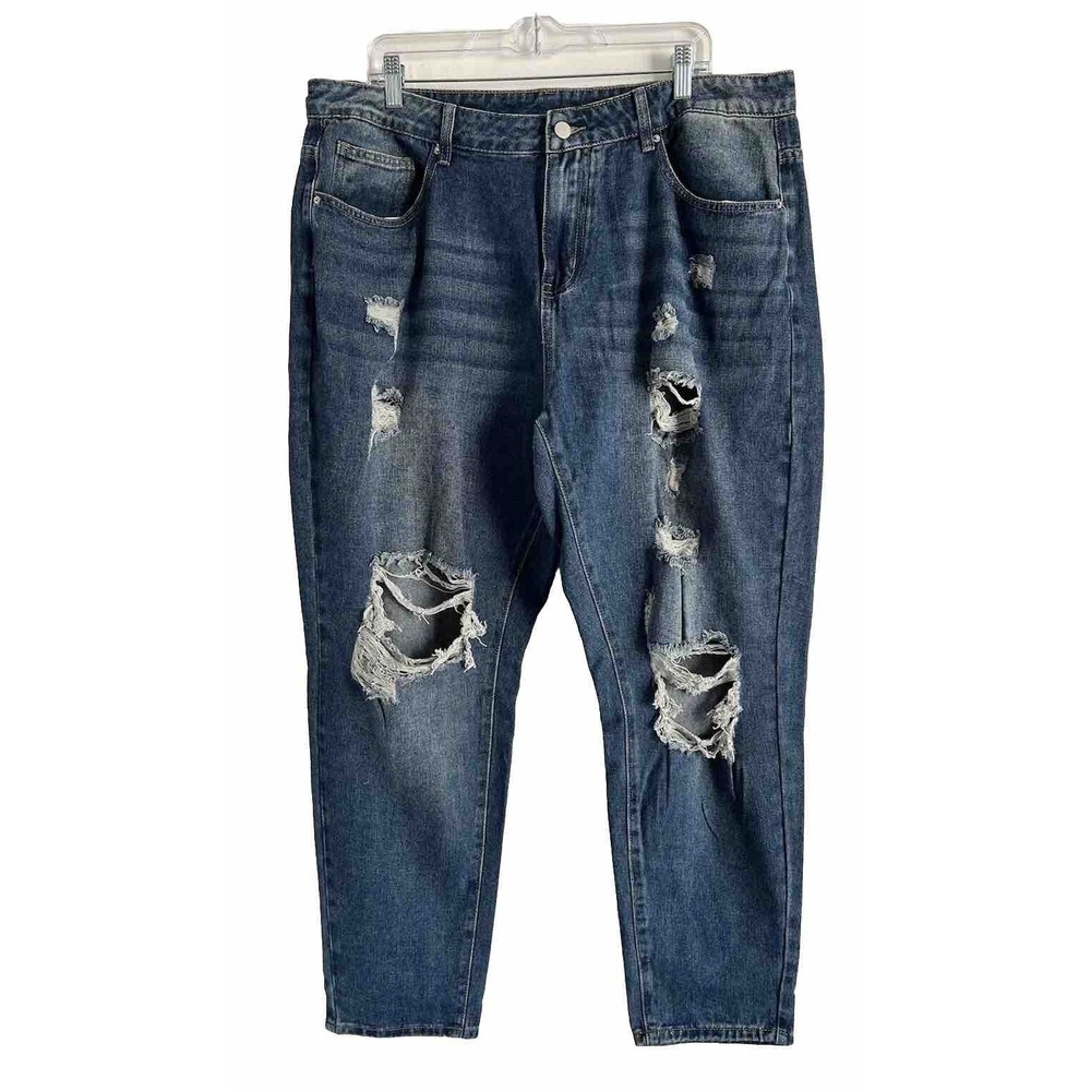 Shein Curve 2XL Jeans Womens Blue Denim Mom Distressed High Rise Cotton - Picture 1 of 11